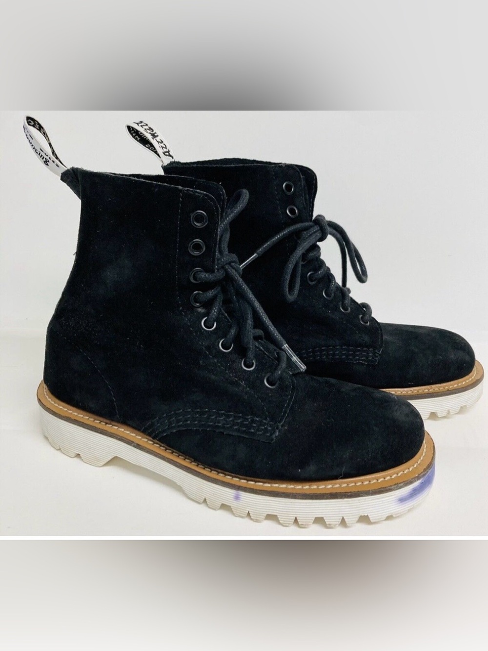 Dr. Martens Black Suede Lace-Up Ankle Booties with White Lug Sole